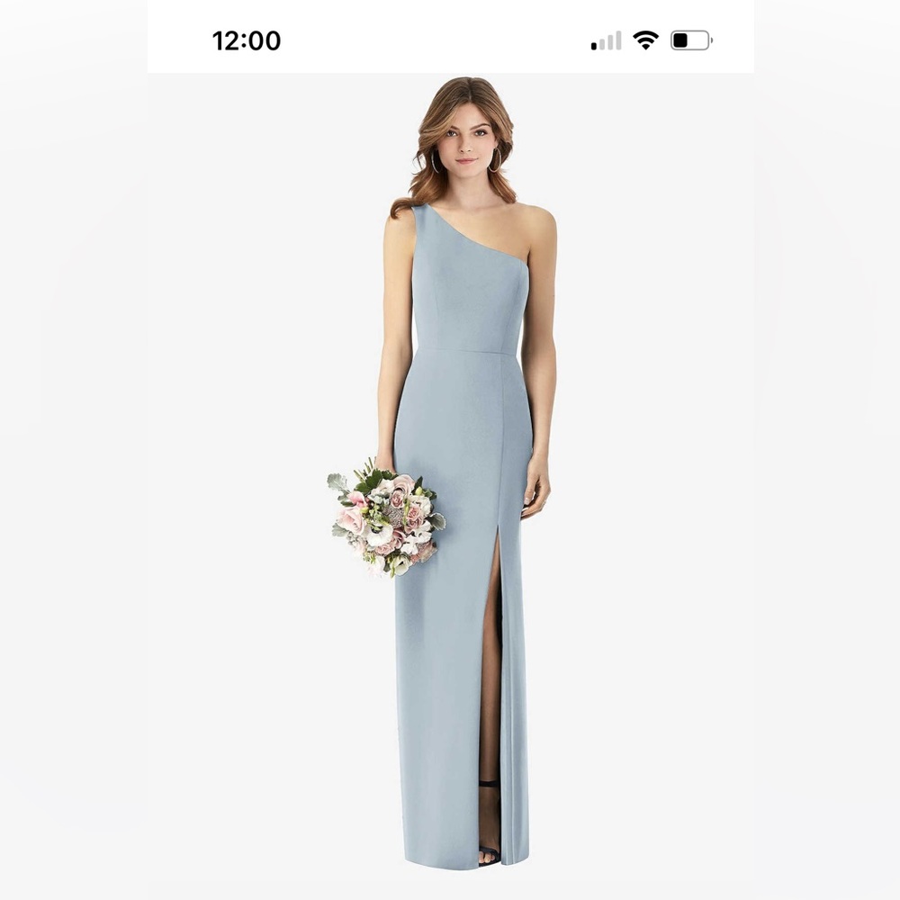 ONE-SHOULDER CREPE TRUMPET GOWN WITH FRONT SLIT IN MIST: THE DESSY GROUP